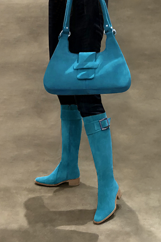 Turquoise blue women's calf bracelets, to wear over boots. Worn view - Florence KOOIJMAN
